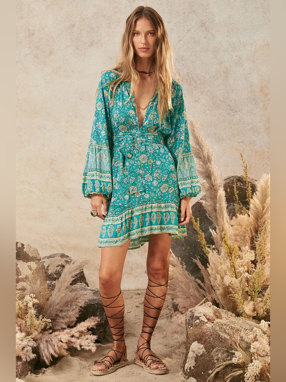 ๐ Spell Elysian Tunic Floral Mini Dress Ruffle Hem in Jade XS - Picture 8 of 11
